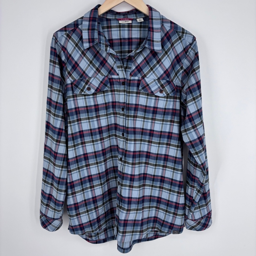 LL Bean Flannel Shirt Womens L Blue Plaid Organic Cotton Stretch Hand Pockets
